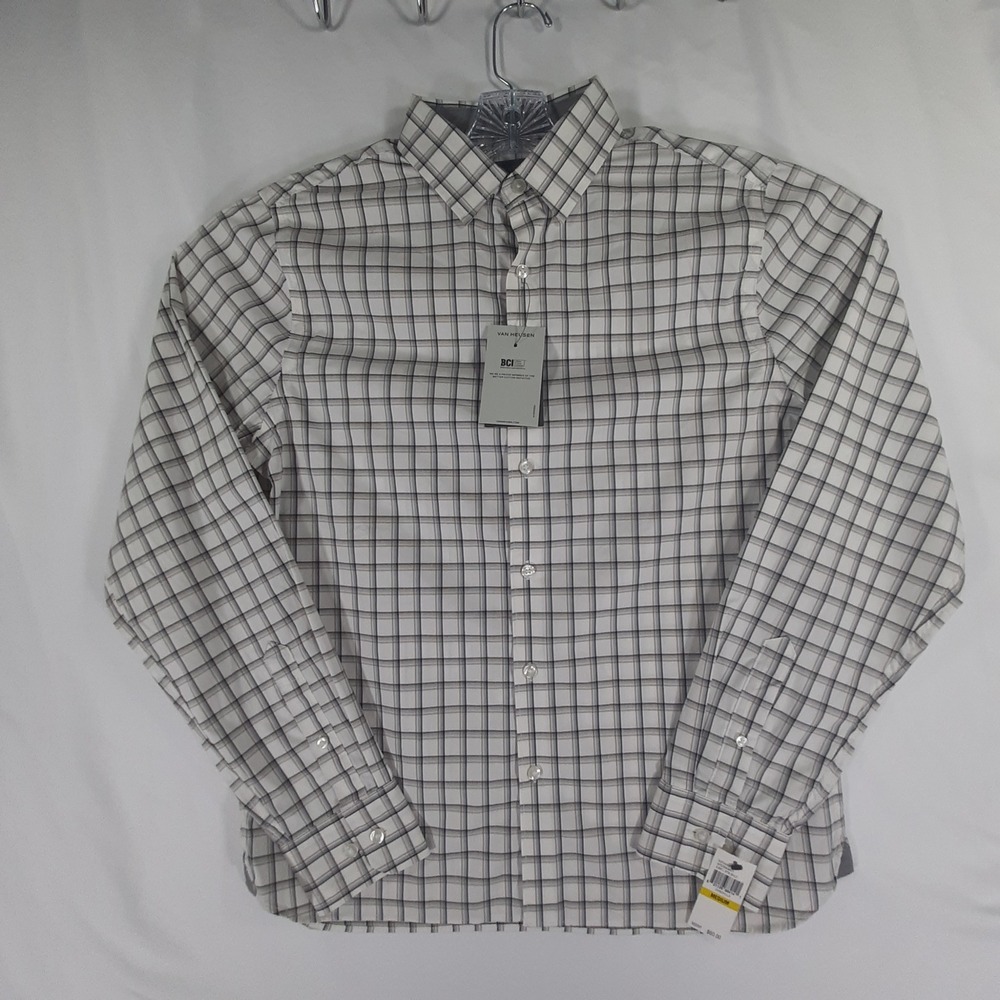 Van Heusen Stain Shield Slim Fit Plaid Shirt Mens M White Grey Tan NWT*IMPERFECT